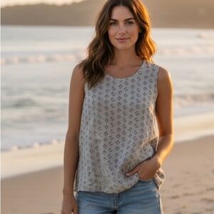 FLAX Women's 100% Linen Geometric Pattern Tank Top Size Large Lagenlook hippie